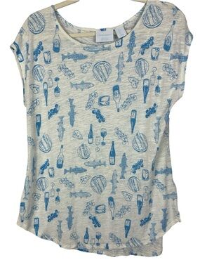 Cynthia Rowley Linen Blend Nautical Picnic Novelty Print Top Large